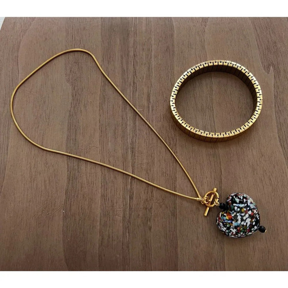 Italian Millefiori Glass Heart on Gold Chain Necklace and Stretch Bracelet - Picture 2 of 8